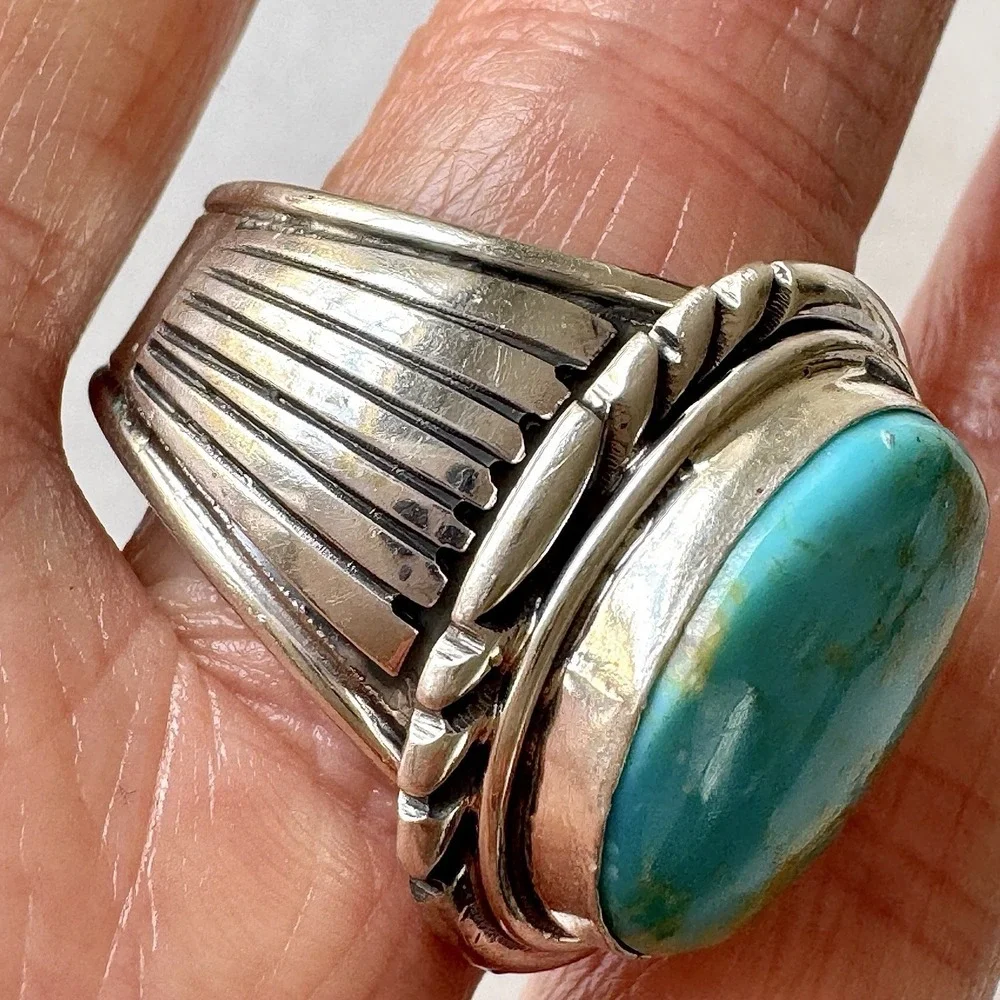 Navajo Mens Turquoise Ring Sz 12 Stamped Signed Denetdale Fans‎ Sterling Native
